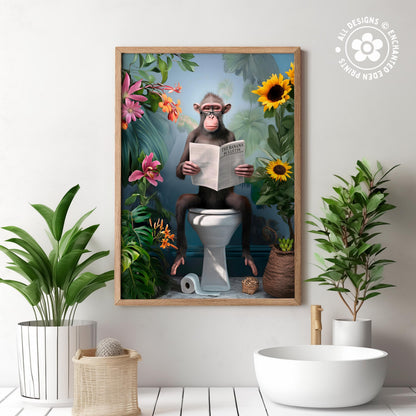 a monkey sitting on a toilet and reading a newspaper, surrounded by tropical plants and flowers.