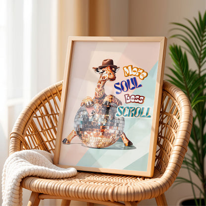 a picture of a giraffe on a chair