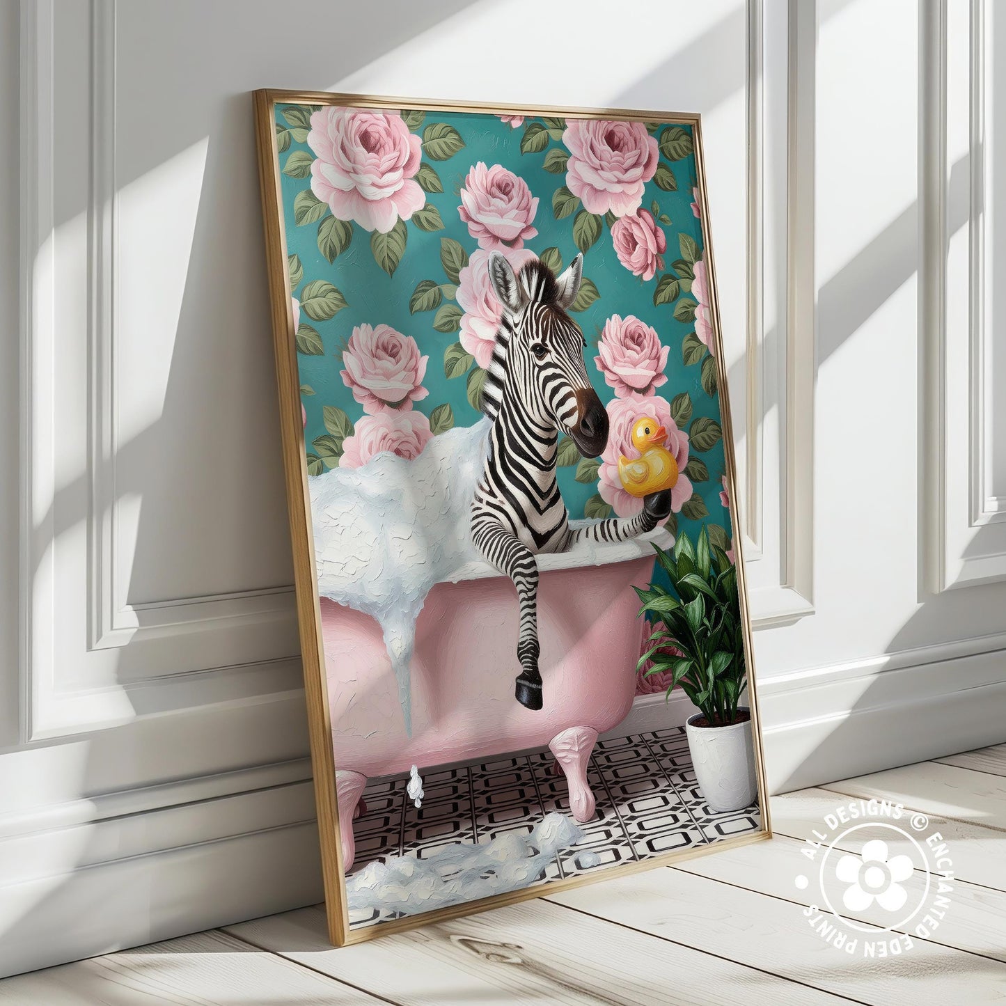 Funny Zebra in Bathtub Poster – Quirky Bathroom Wall Art