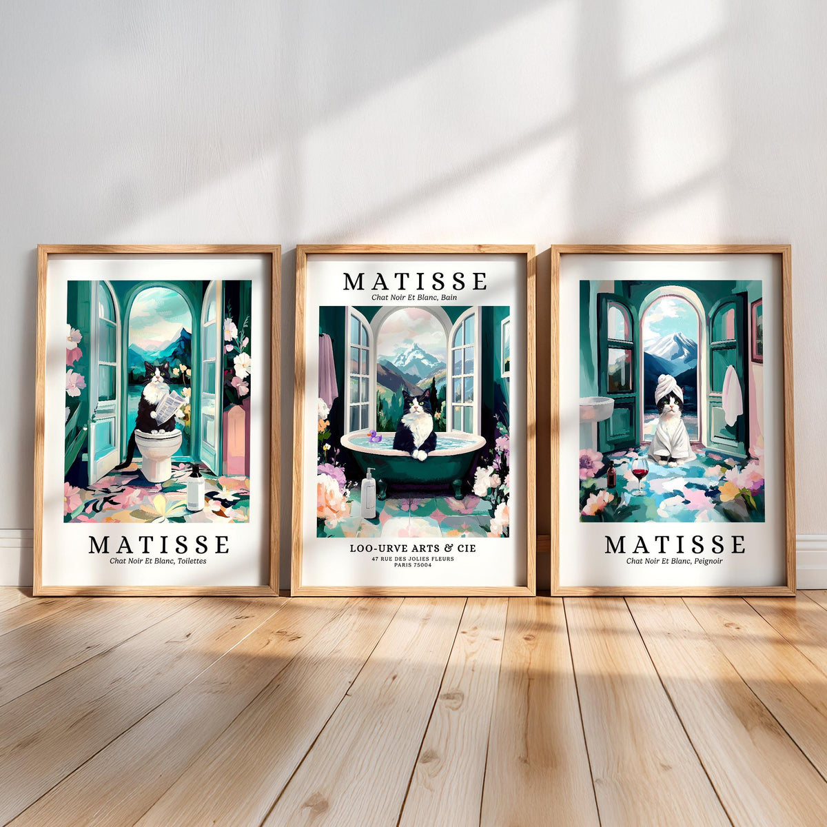 three framed artworks by the artist Matisse, each depicting a different scene with a cat.