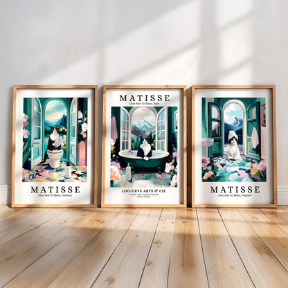 three framed artworks by the artist Matisse, each depicting a different scene with a cat.