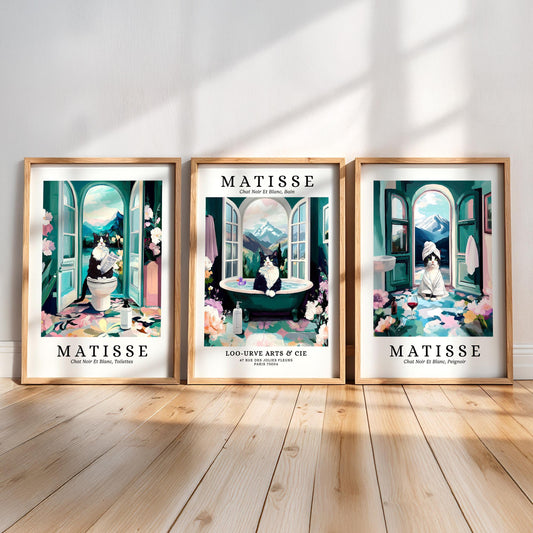 three framed artworks by the artist Matisse, each depicting a different scene with a cat.