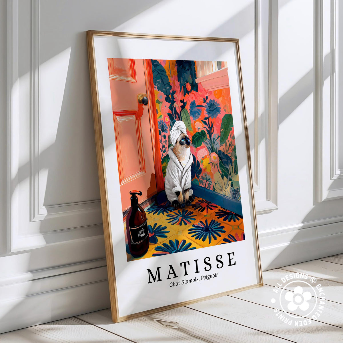 A framed poster featuring a dog wearing a white bathrobe and towel, sitting on a colorful floral patterned floor, with a bottle of shampoo nearby.