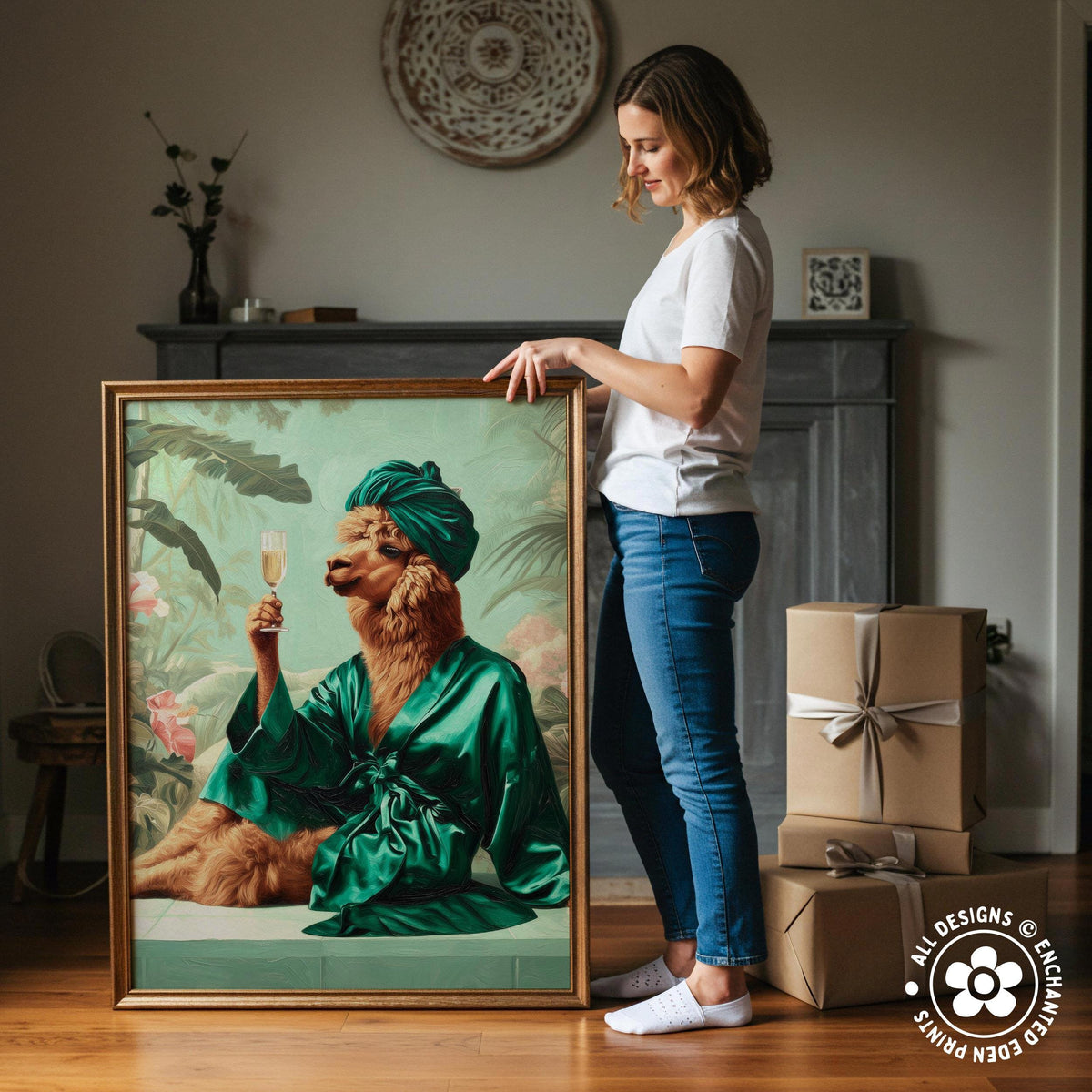 A woman stands next to a large framed painting depicting a cat in a green robe, holding a wine glass, with a vase of flowers and a wooden shelf in the background.