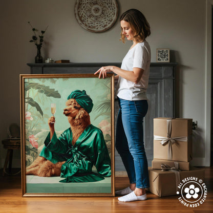 A woman stands next to a large framed painting depicting a cat in a green robe, holding a wine glass, with a vase of flowers and a wooden shelf in the background.