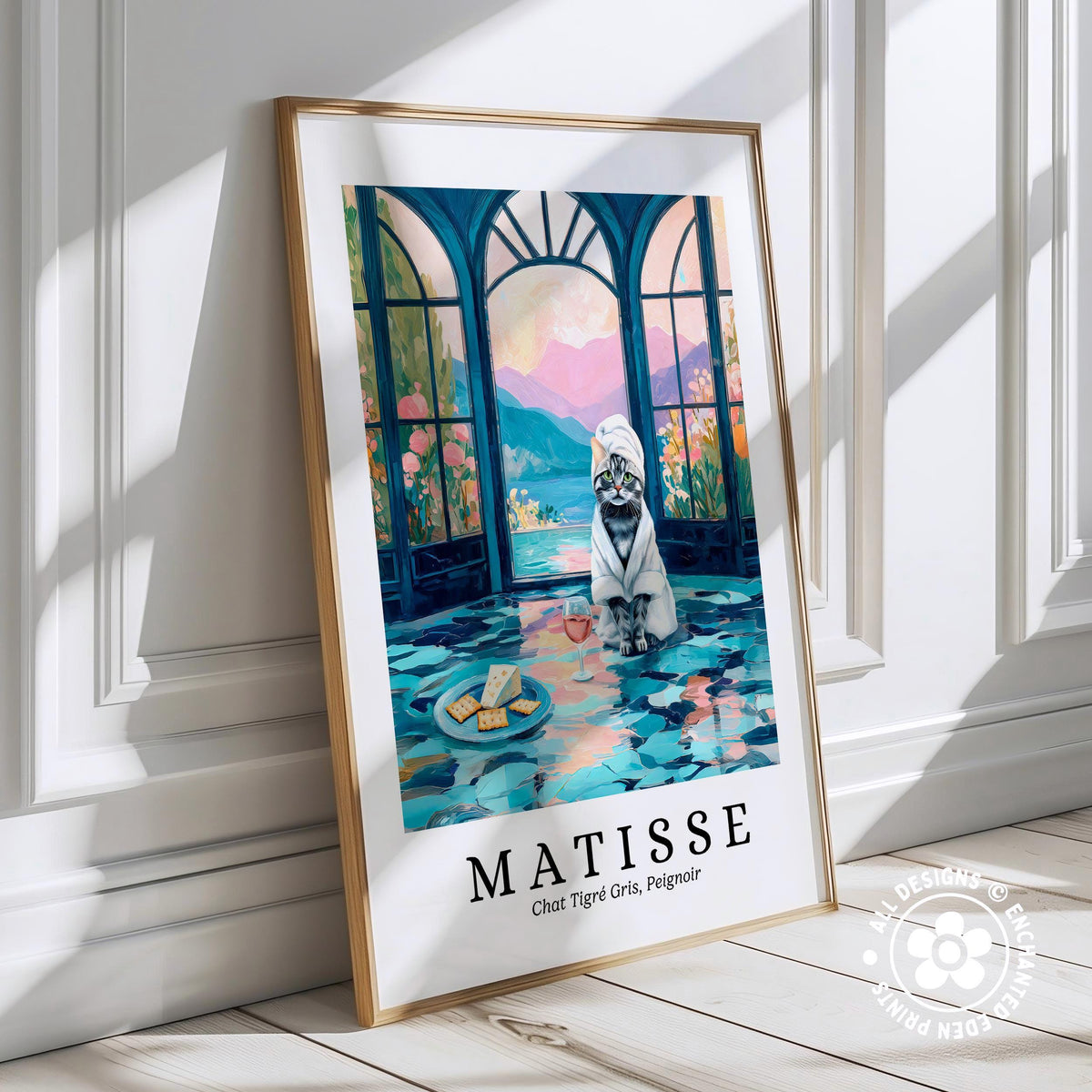 A framed poster depicting a cat in a bathtub, with a colorful and whimsical background featuring arched windows and a floral pattern.