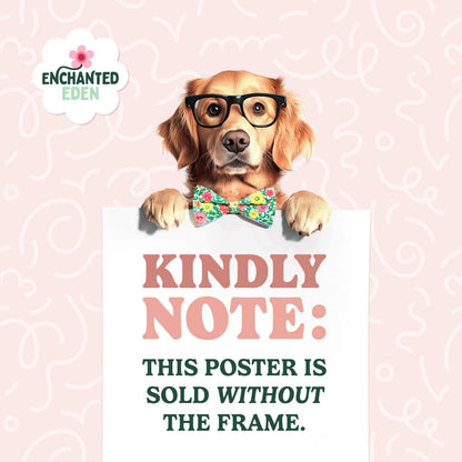 A golden retriever wearing glasses and a bow tie is peeking out from behind a white sign with pink text.