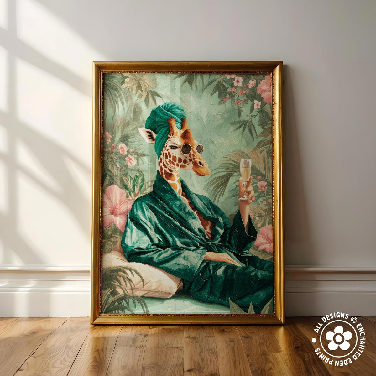 A framed painting depicting a giraffe wearing a green robe and holding a glass of wine, surrounded by tropical foliage.