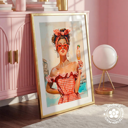 a framed painting of a woman in a red and white checkered dress holding a drink, standing in front of a pink cabinet.