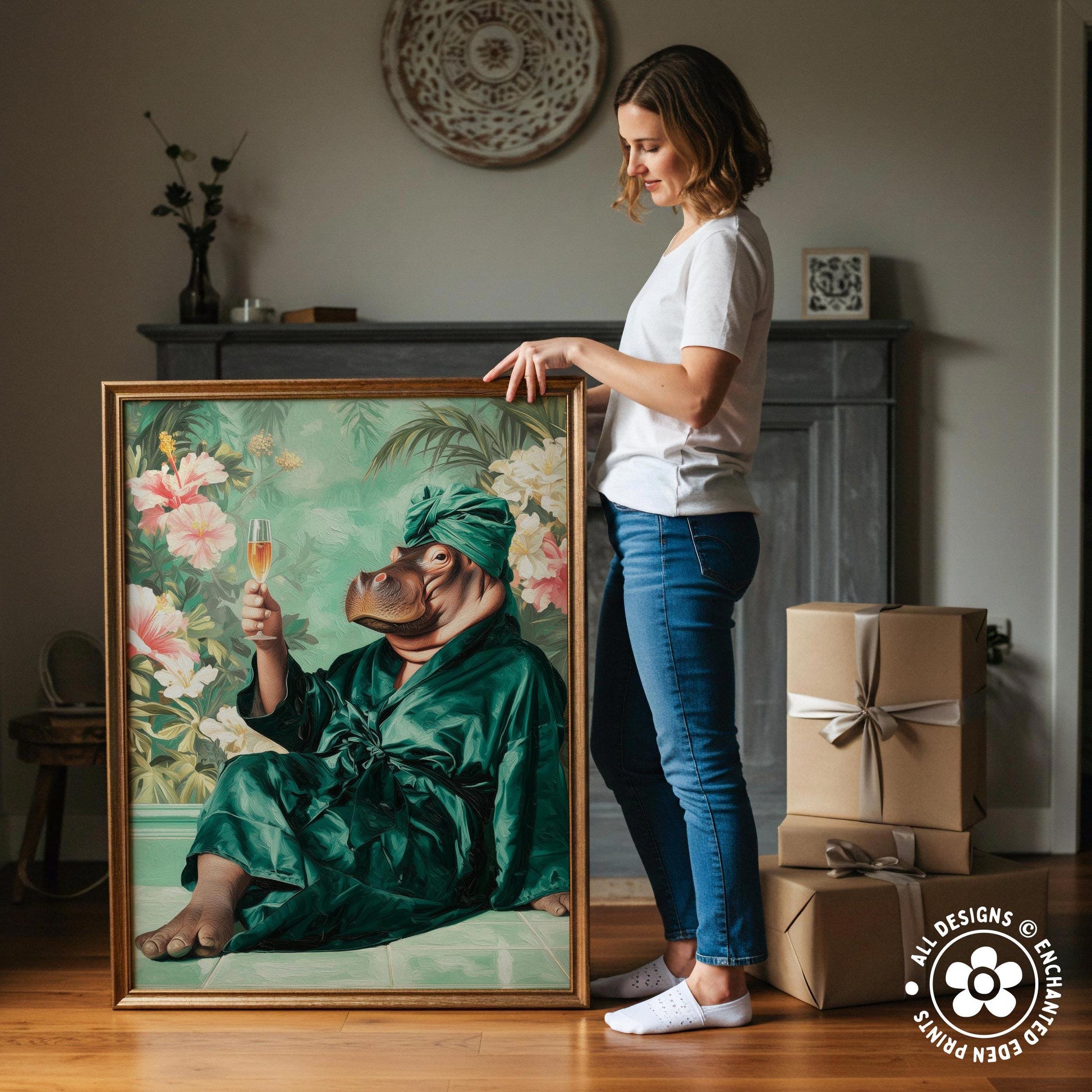 A woman stands next to a large painting depicting a hippopotamus wearing a green robe and holding a glass of champagne.