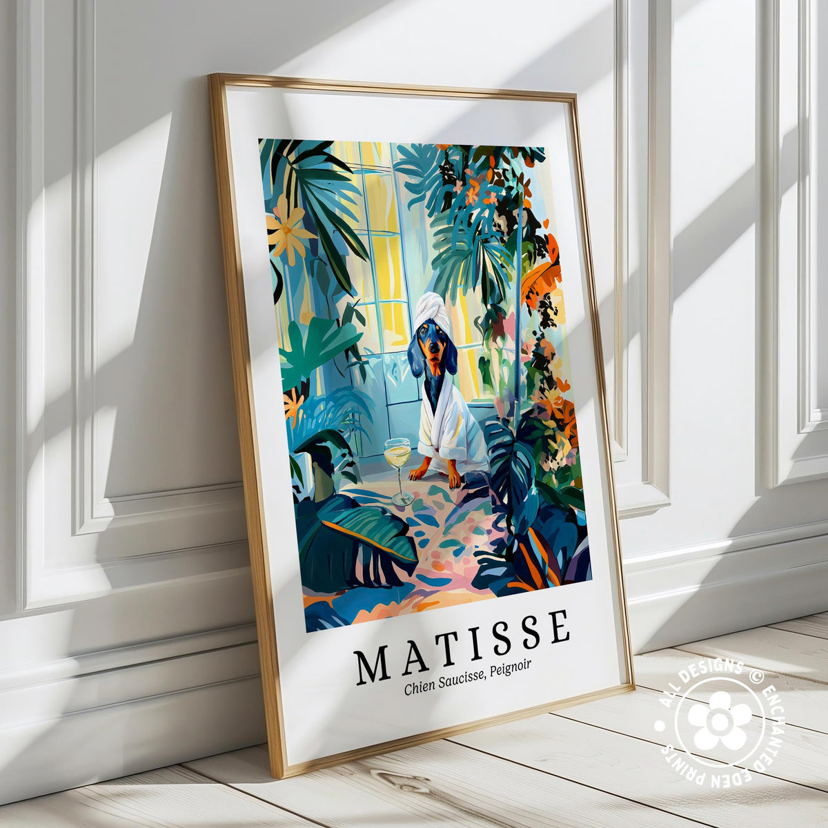 The image is a framed poster of the painting "Matisse: Chien Saucise, Pêigneur" by the artist Chien Saucise, which depicts a woman in a white dress standing in a tropical garden.