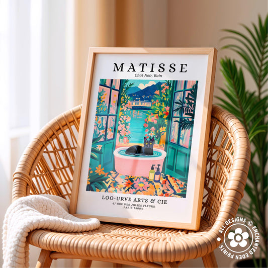 A framed poster of a colorful painting depicting a cat in a bathtub, with a tropical garden scene in the background.