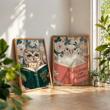 Funny Dove Reading Book Art – Quirky Bird Lover Wall Decor