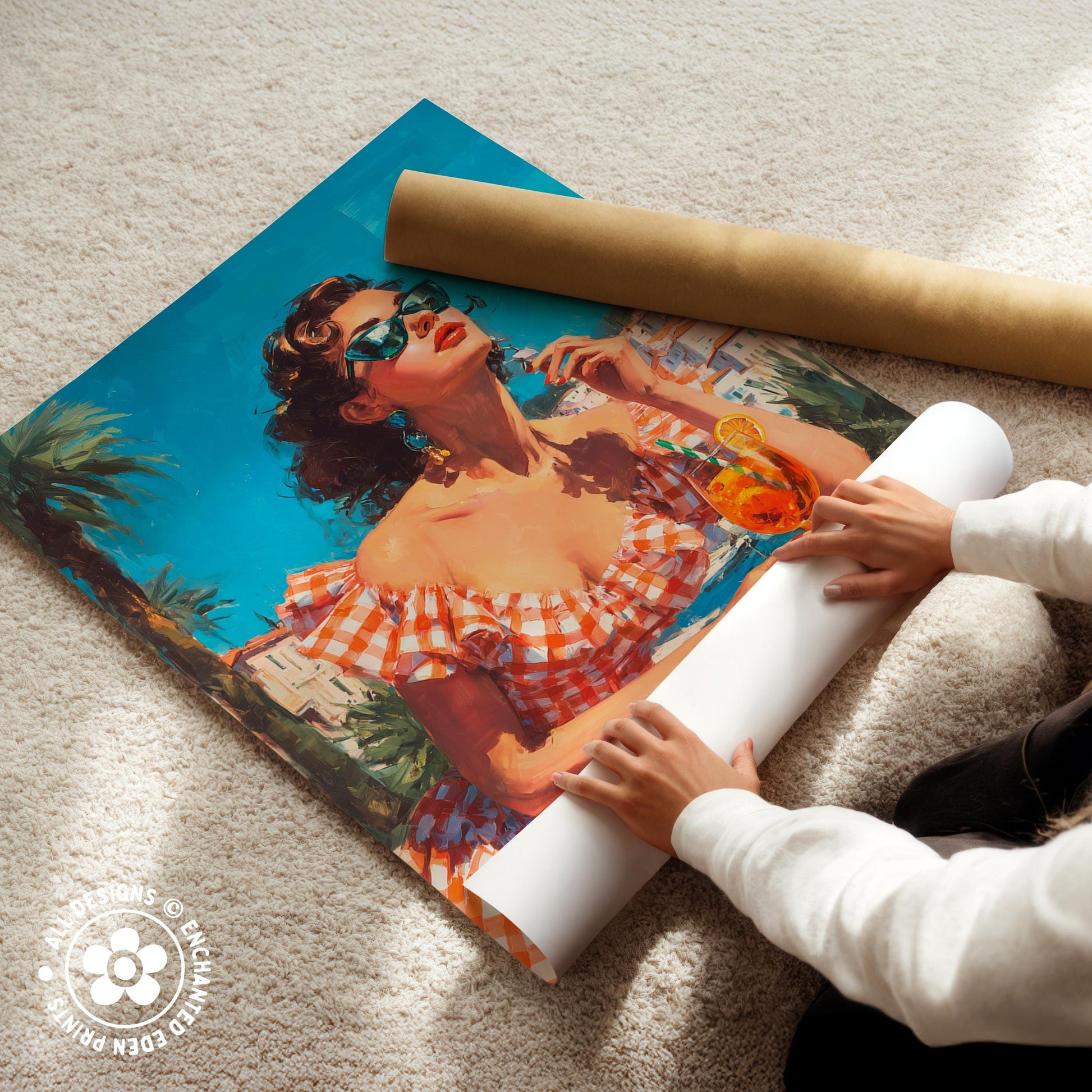 A person is carefully handling a large roll of paper, which appears to be a poster or canvas, and is unfolding it on a carpeted floor.