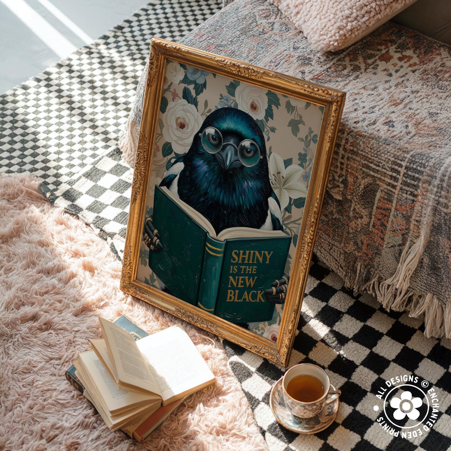 Funny Magpie Reading Book Art – Quirky Bird Lover Wall Decor