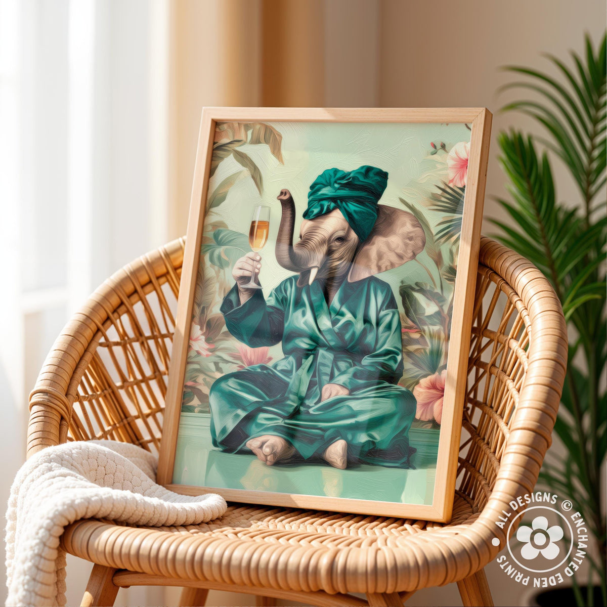 an elephant dressed in a green robe and turban, holding a glass of wine and sitting on a bench, with a wicker chair and a plant in the background.
