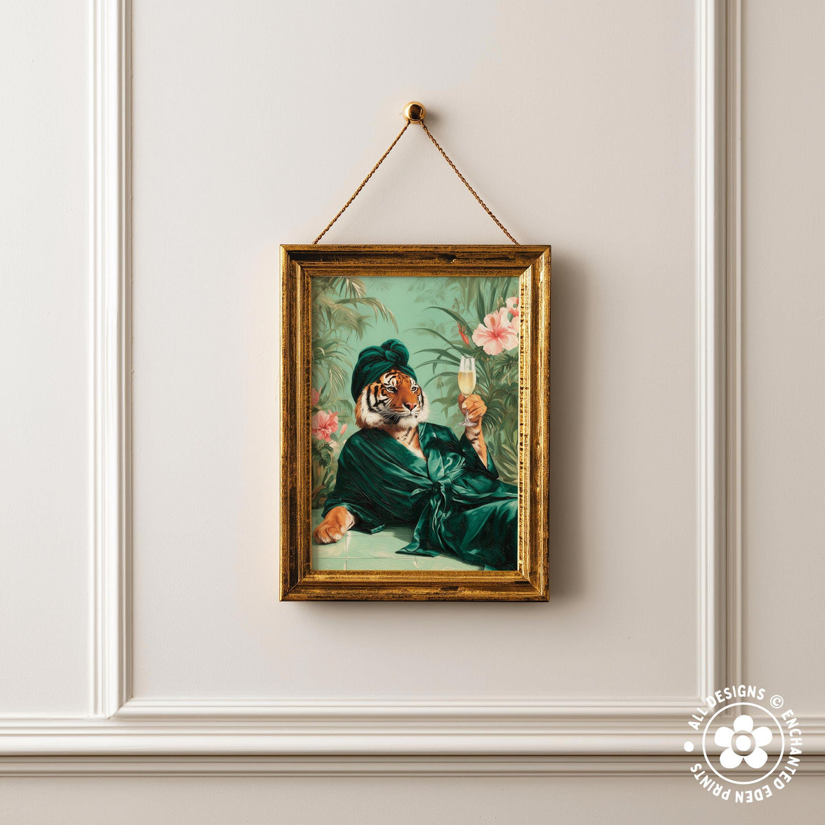 a framed painting of a tiger wearing a green robe and holding a wine glass, set against a tropical background.