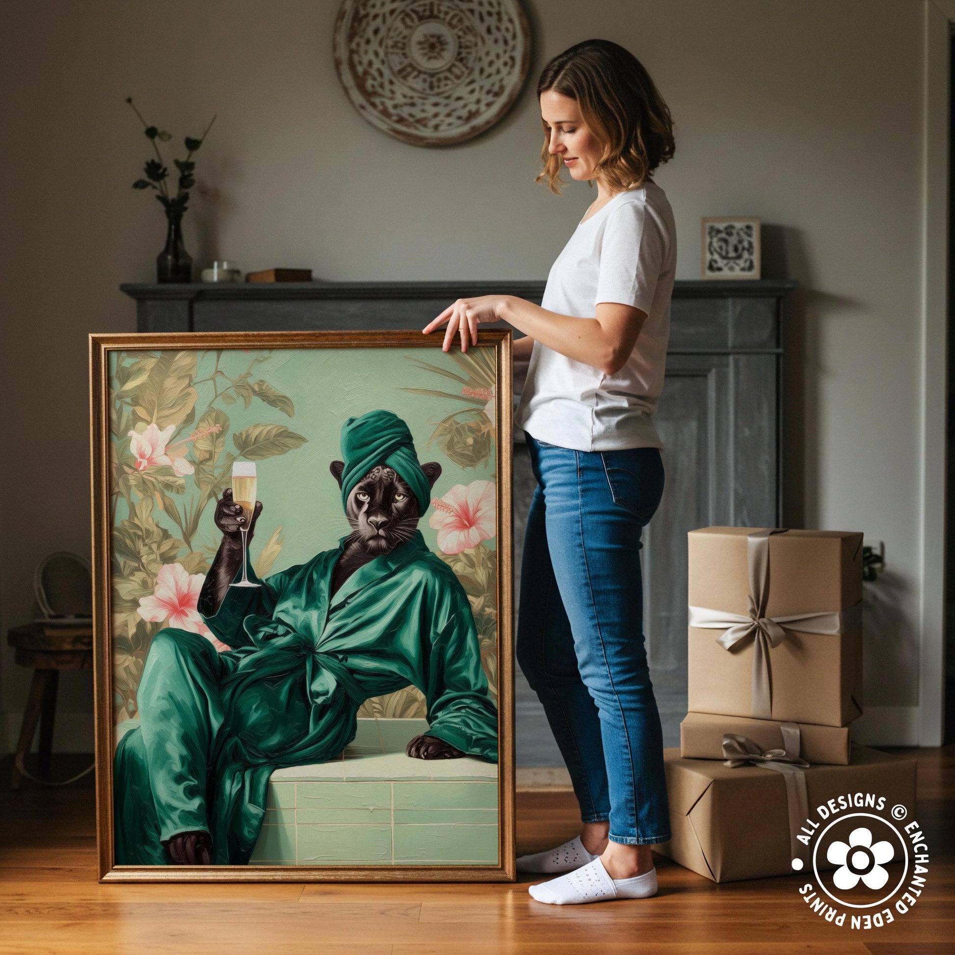 A woman stands next to a large framed painting depicting a cat in a green robe, holding a glass of wine.