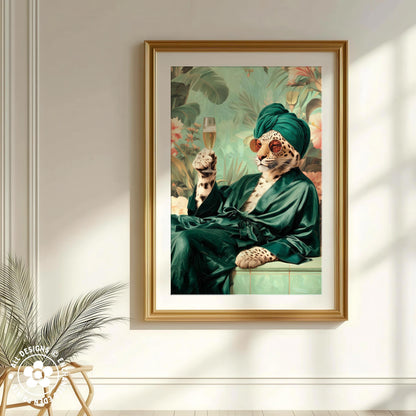 A framed painting depicting a leopard wearing a green robe and turban, holding a glass of wine, with a tropical background.