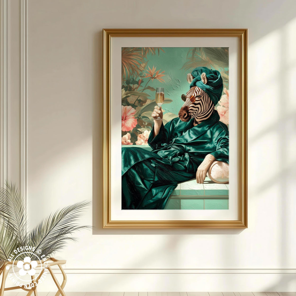 A framed painting depicting a zebra wearing a green robe and holding a glass of wine, set against a tropical background.