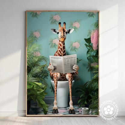 A giraffe sitting on a toilet and reading a newspaper, surrounded by plants and flowers.