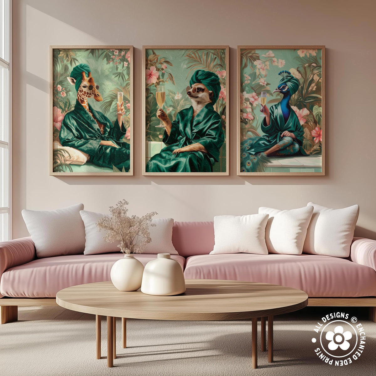 a cozy living room with a pink sofa, a wooden coffee table, and three framed paintings of animals in green robes.