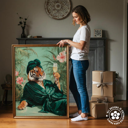 Funny Tiger in Robe Print: Green Maximalist & Jungle Safari Home Decor