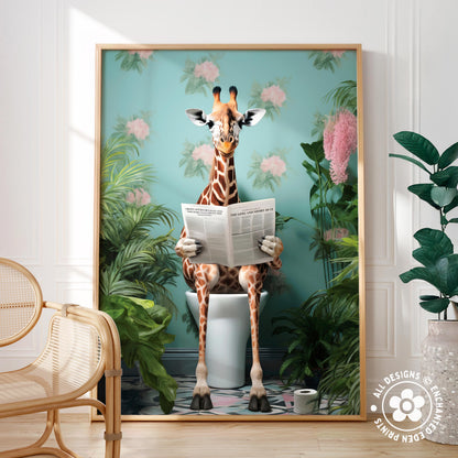 A giraffe sitting on a toilet and reading a newspaper in a room with a green wall, plants, and a wicker chair.
