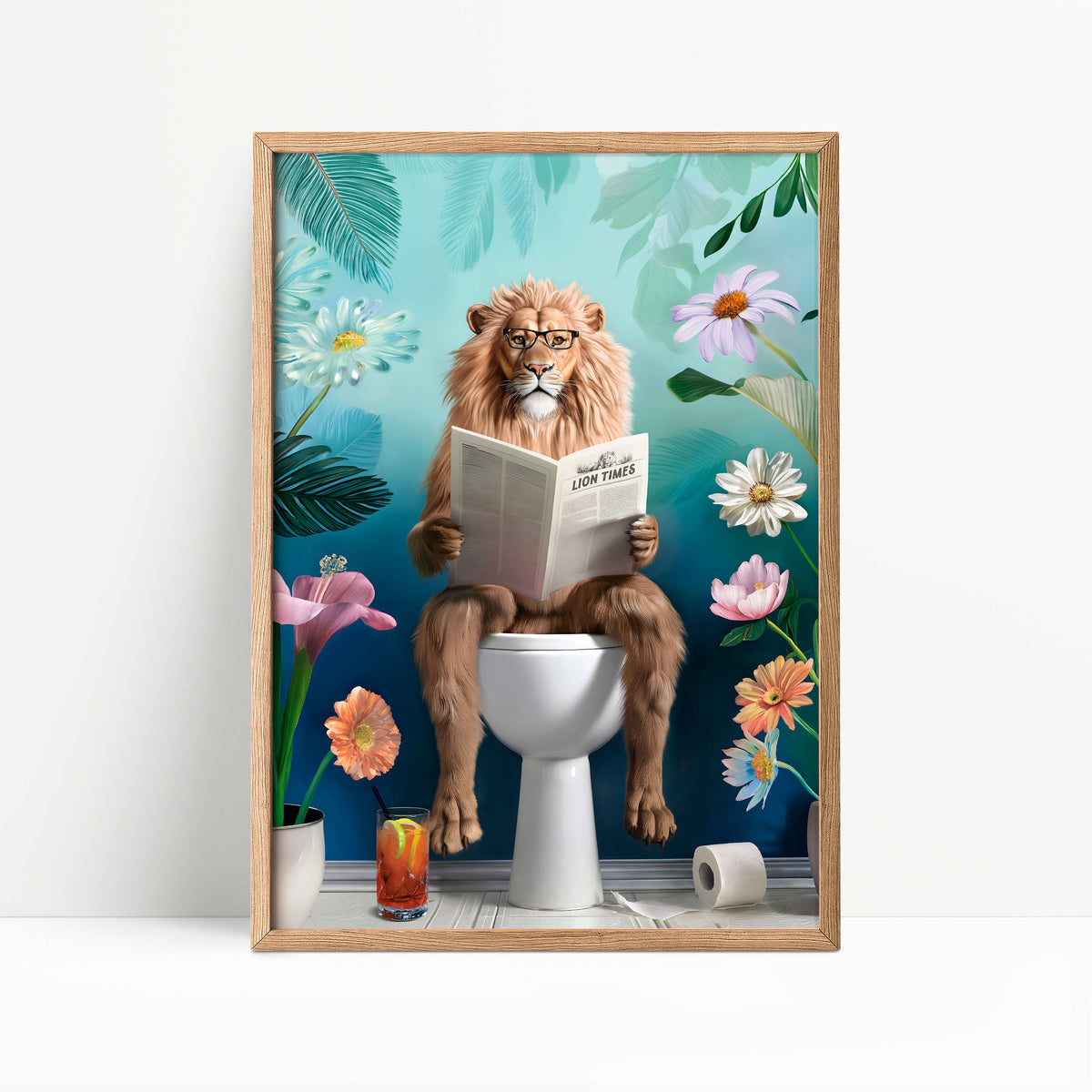 A lion is sitting on a toilet and reading a newspaper, surrounded by flowers and plants in a colorful, whimsical scene.