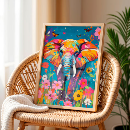 a painting of an elephant on a wicker chair