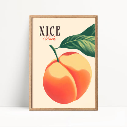 a framed illustration of a peach with a leaf, accompanied by the text "NICE Peach" in a wooden frame.