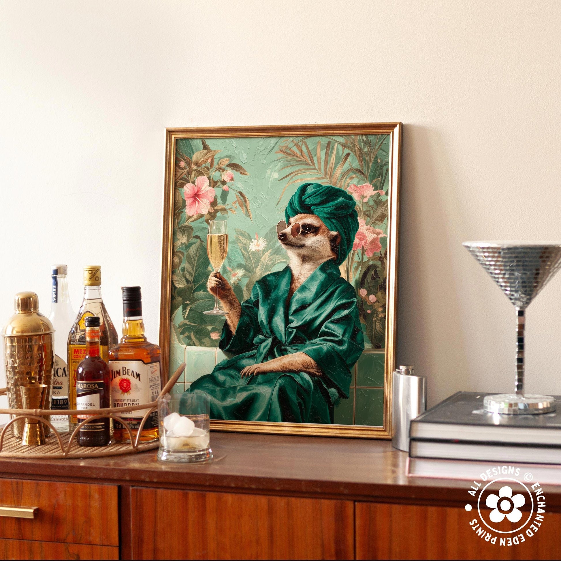 a framed painting of a meerkat dressed in a green robe and turban, holding a glass of champagne, with a mirror and various bottles of alcohol in the foreground.