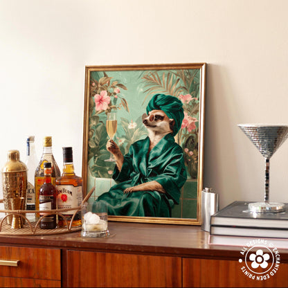 a framed painting of a meerkat dressed in a green robe and turban, holding a glass of champagne, with a mirror and various bottles of alcohol in the foreground.