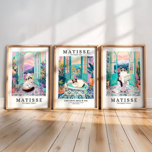 three framed prints of the famous French artist Matisse, each depicting a cat in a different scene.
