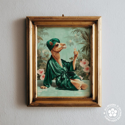 a camel dressed in a green robe and holding a glass of wine, set against a tropical background with palm trees and pink flowers.