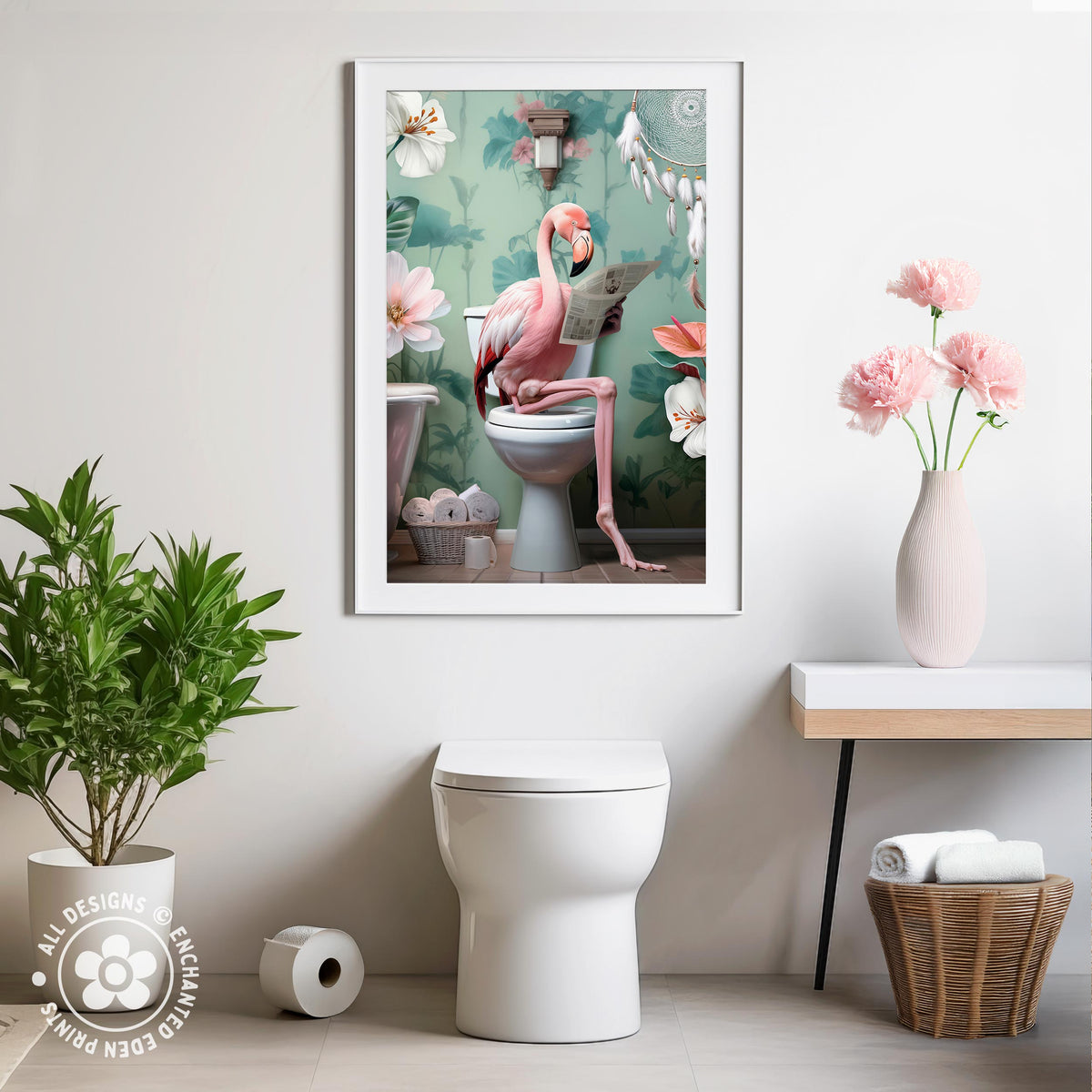 a framed painting of a pink flamingo sitting on a toilet in a bathroom setting, surrounded by pink flowers and a white vase with pink flowers.