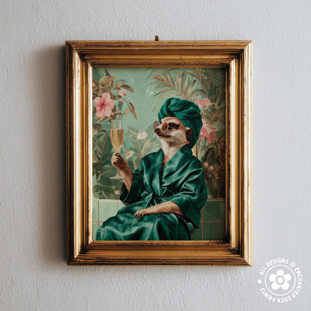 A framed painting depicting a meerkat dressed in a green robe and holding a glass of champagne, set against a tropical background with flowers and foliage.