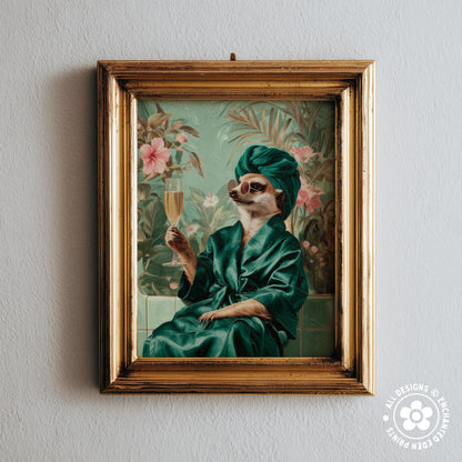 A framed painting depicting a meerkat dressed in a green robe and holding a glass of champagne, set against a tropical background with flowers and foliage.