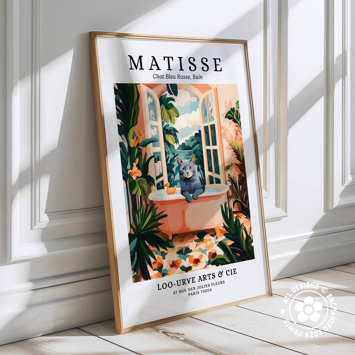 The image is a framed poster featuring an illustration of a cat sitting in a bathtub surrounded by tropical plants and flowers.