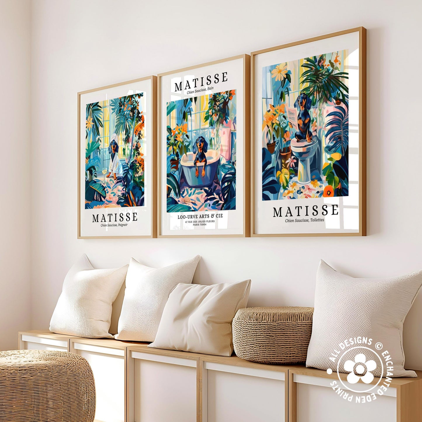 three framed prints of the artist Matisse, each depicting a different scene with a dog. The prints are arranged on a wall above a wooden bench, which has white pillows on it.