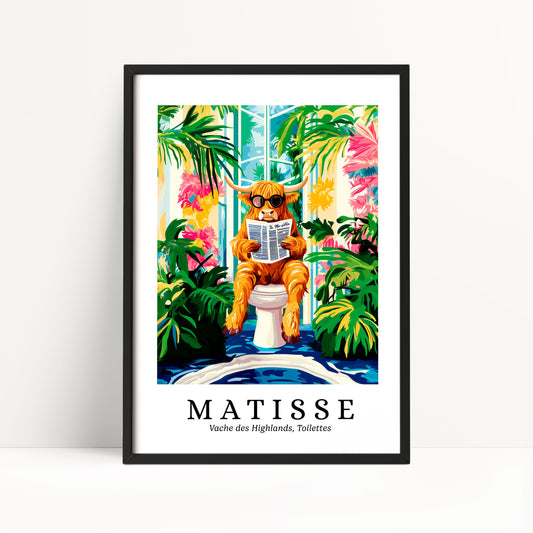 A framed illustration depicting a cat sitting on a toilet and reading a newspaper, surrounded by tropical plants and flowers.