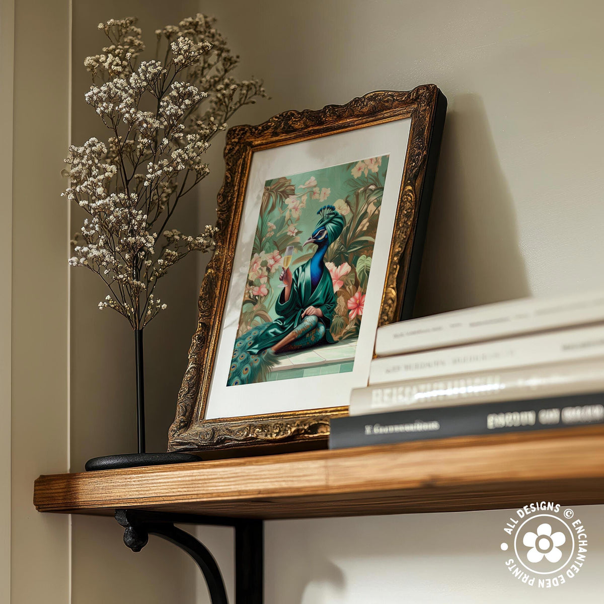 a wooden shelf displaying a framed painting of a peacock, a vase with white flowers, and a stack of books.