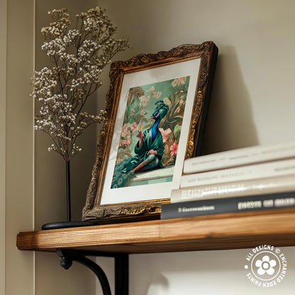 a wooden shelf displaying a framed painting of a peacock, a vase with white flowers, and a stack of books.