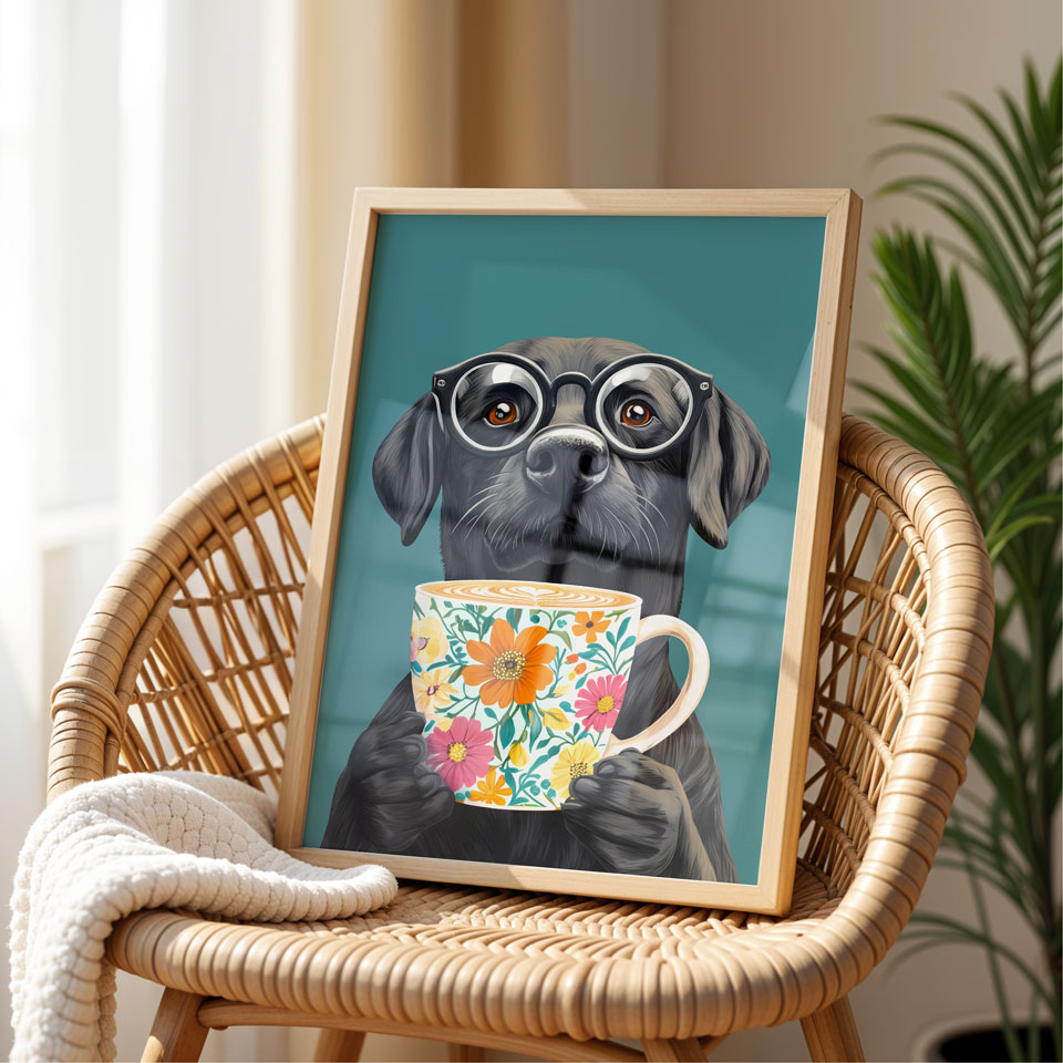 a picture of a dog with glasses holding a cup
