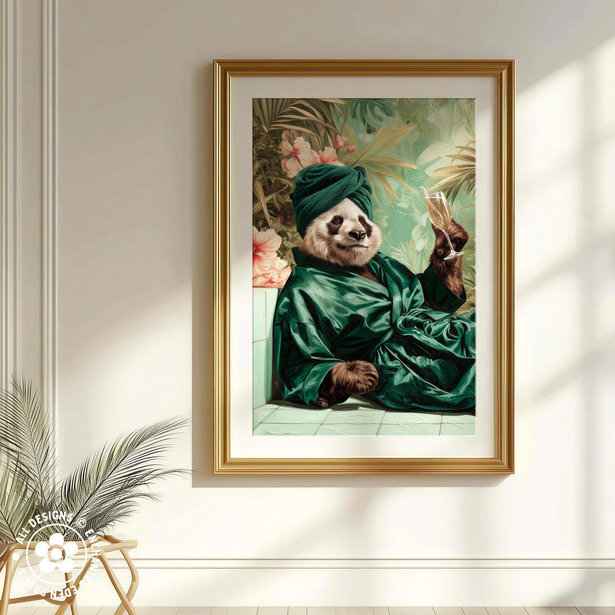 A panda wearing a green robe and turban is sitting on a bench, holding a glass of wine, in a framed artwork on a white wall.