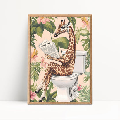 A giraffe sitting on a toilet surrounded by tropical foliage and flowers, reading a newspaper.