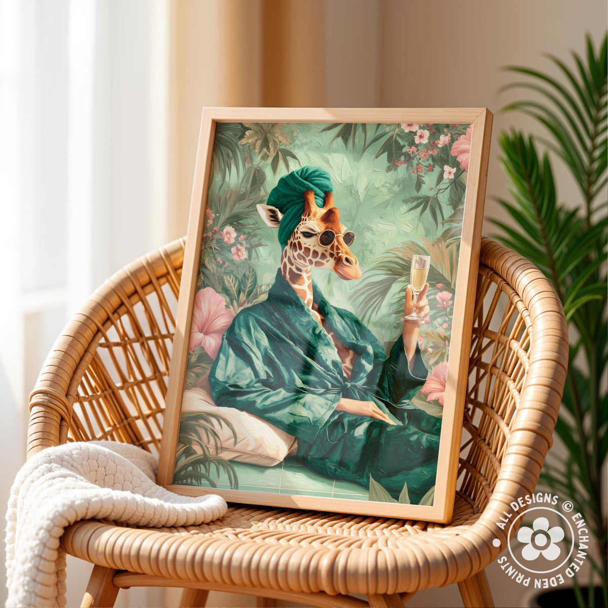 A framed illustration of a giraffe wearing a green robe and holding a glass of wine, surrounded by tropical foliage.
