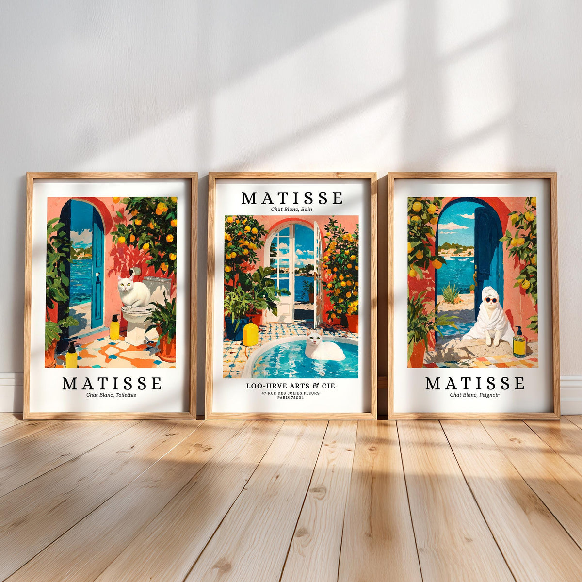 three framed prints of the famous French artist Matisse, each depicting a different scene from his work.