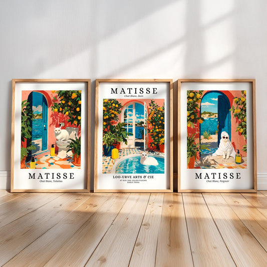 three framed prints of the famous French artist Matisse, each depicting a different scene from his work.