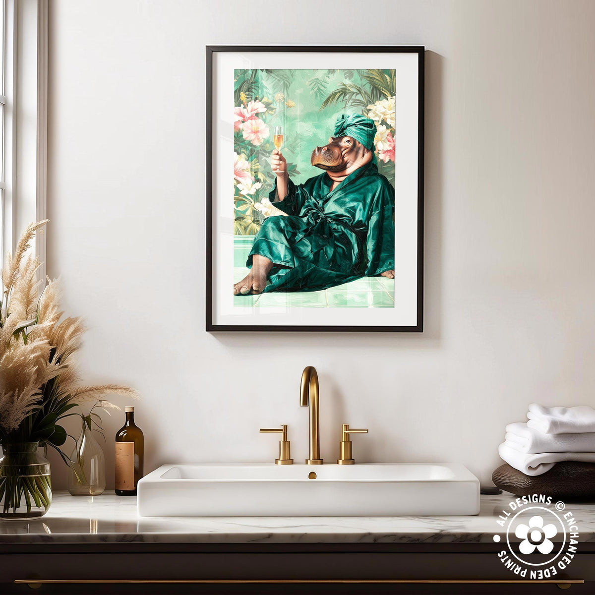 a framed painting of a person in a green robe sitting on a ledge, holding a glass of wine, with a gold faucet above a white sink.